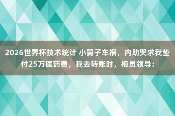 2026世界杯技术统计 小舅子车祸，内助哭求我垫付25万医药费，我去转账时，柜员领导：